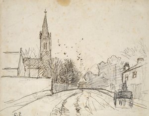 Recto: Study of Upper Norwood, London, med All Saints Church, 1871 (pen og brunt blæk over grafit) af Camille Jacob Pissarro